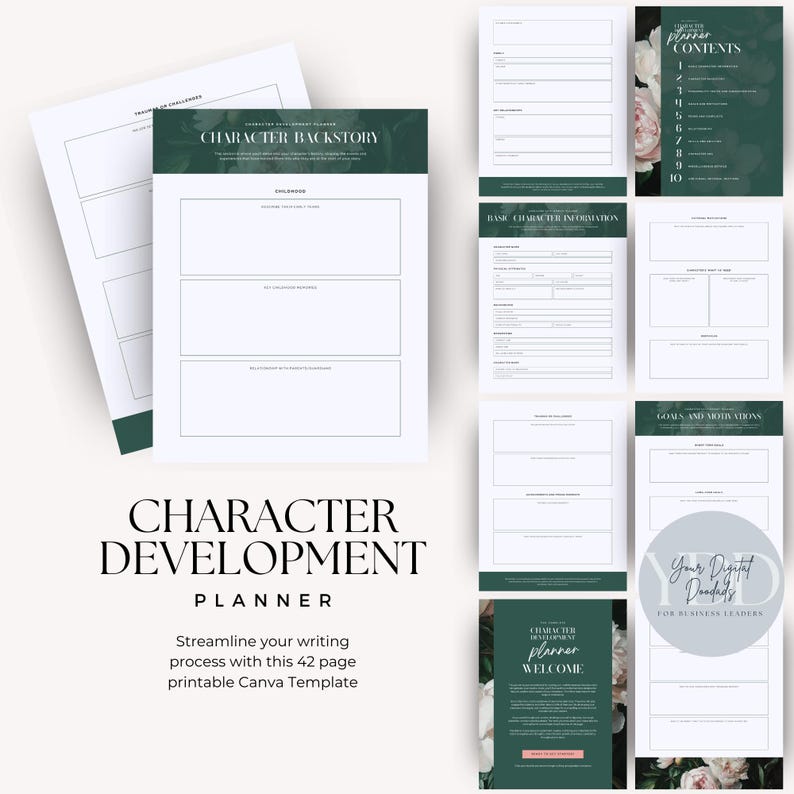 A character development planner featuring multiple templates for character backstory, basic information, and goals. It includes sections for childhood, relationships, and motivations, designed for writers.