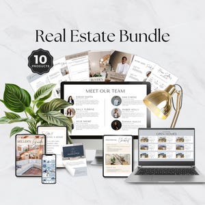 May include: A digital marketing bundle for real estate agents. The bundle includes 10 products, such as a seller's guide, a buyer's guide, a newsletter template, and a checklist for preparing a home for sale. The bundle also includes a team page template, an open house template, and a brand identity guide.