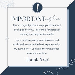 Puede incluir: Aviso de producto digital con el texto "IMPORTANT notice" en un dise&ntilde;o azul marino y blanco. El texto indica que el art&iacute;culo es digital, solo para uso personal y no para reventa. Tambi&eacute;n agradece al cliente.