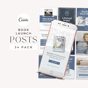 A smartphone displaying promotional material for a book launch. It showcases a collection of social media posts titled 'Book Launch Posts 34 Pack' with various designs and a call to action link.