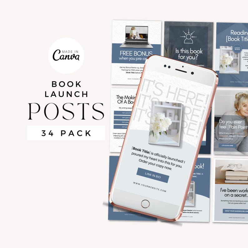 A smartphone displaying promotional material for a book launch. It showcases a collection of social media posts titled 'Book Launch Posts 34 Pack' with various designs and a call to action link.