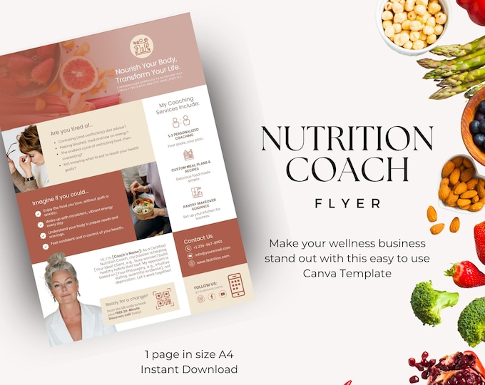 Nutrition Coach Flyer Canva Template, Wellness Coach Health Handout, Holistic Healthy Eating Flyer Template, Diet Coach Handout