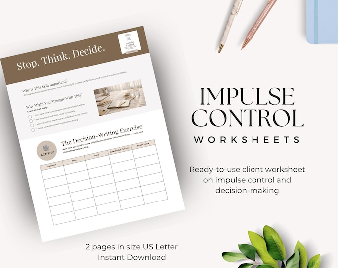 Impulse Control Worksheet, Decision Making Printable, Pros & Cons Template, Mental Health Tool, Digital Download PDF