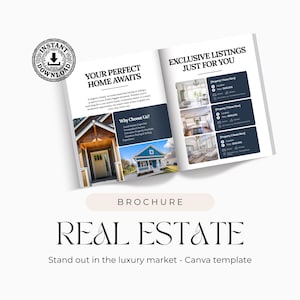 Op de afbeelding: Een open brochure met de woorden "REAL ESTATE" in een decoratief lettertype. De brochure toont tekst en afbeeldingen van huizen. De tekst "YOUR PERFECT HOME AWAITS" en "EXCLUSIVE LISTINGS JUST FOR YOU" zijn zichtbaar. De brochure is een Canva-sjabloon.