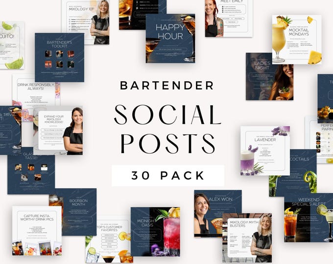 Bartender Social Media Template, Mobile Bar Instagram Post, Bartending Business IG Canva, Mixologist Branding Kit, Cocktail Marketing