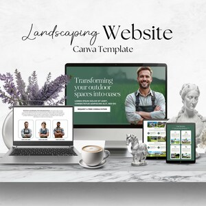 Könnte beinhalten: Eine digitale Canva-Vorlage für eine Landschaftsbau-Website auf einem Laptop, einem Desktop-Monitor und einem Tablet. Die Bildschirme zeigen einen Mann in Arbeitsschürze, den Text Transforming your outdoor spaces into oases und Service-Raster.