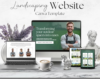 Plantilla de sitio web de paisajismo para Canva, sitio web para negocios de cuidado del césped, sitio web de servicios de jardinería, plantilla web de paisajismo, sitio web editable de Canva