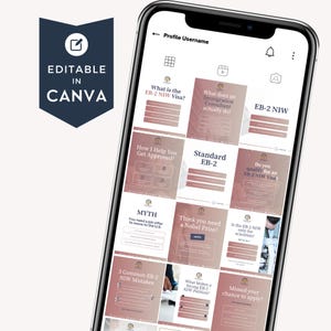 A smartphone displaying an Instagram profile focused on EB-2 NIW immigration consultancy with various informative posts about visa types, application process, and common myths.