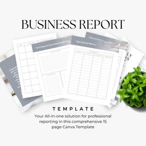 May include: A stack of white business report templates with the words "BUSINESS REPORT" at the top. The templates include sections for financial metrics, goals, and operational metrics. A small green plant is in the corner.