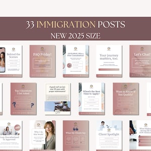 A collage of 33 immigration-related social media posts featuring titles like 'FAQ Friday', 'Giveaway Win a Free Consultation', and 'Top 3 Questions I Get Asked'.