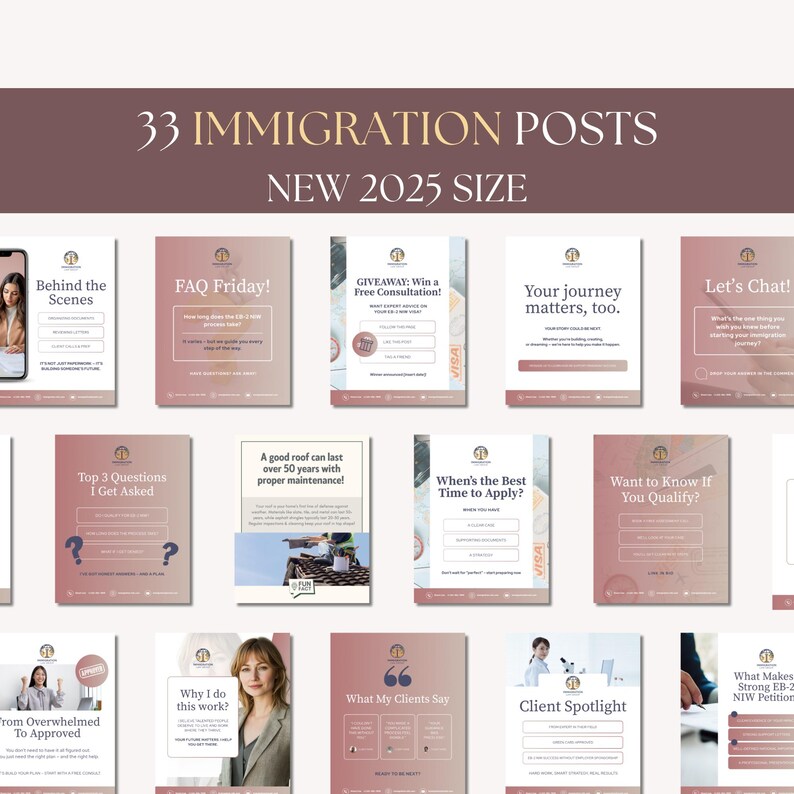 A collage of 33 immigration-related social media posts featuring titles like 'FAQ Friday', 'Giveaway Win a Free Consultation', and 'Top 3 Questions I Get Asked'.
