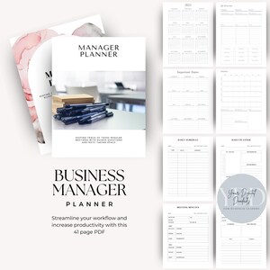 May include: A digital business manager planner PDF featuring a cover with the text Manager Planner and a desk image, alongside various internal page layouts including a 2023 calendar, daily schedules, meeting minutes, and task lists in black and white.