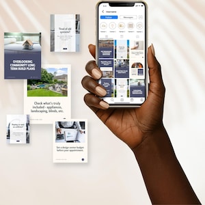 A hand holding a smartphone displaying a social media profile. Surrounding the phone are various design templates related to home building, landscaping, and budgeting.