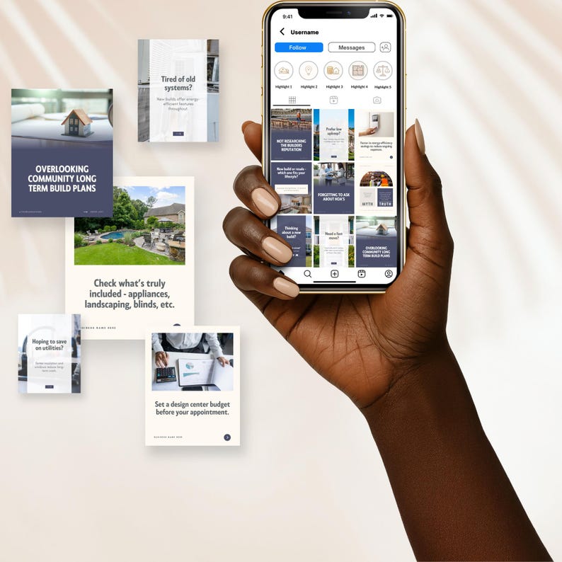 A hand holding a smartphone displaying a social media profile. Surrounding the phone are various design templates related to home building, landscaping, and budgeting.