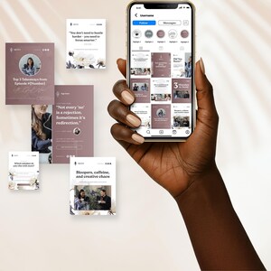 May include: A smartphone displaying an Instagram profile grid with mauve and white social media templates. The screen shows various post designs featuring text like 'Top 3 Takeaways', 'Not every no is a rejection', and 'Bloopers, caffeine, and creative chaos'.