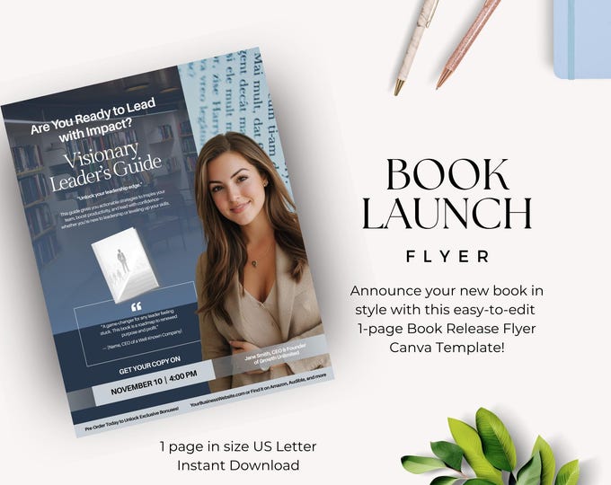 Book Launch Flyer Canva Template – 1 Page Author Promo, Book Signing, Book Marketing Tool