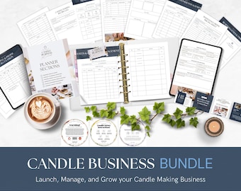 May include: A candle business bundle featuring a ring-bound planner, various printed business forms, and circular safety labels. The collection includes documents labeled Marketing & Social Media Strategy, Daily Productivity Planner, and Sales & Customer Management.