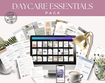 May include: A digital daycare essentials pack featuring a computer monitor displaying multiple document templates, a smartphone showing social media content, printed forms, a gold desk lamp, a coffee cup, and a vase with white flowers.
