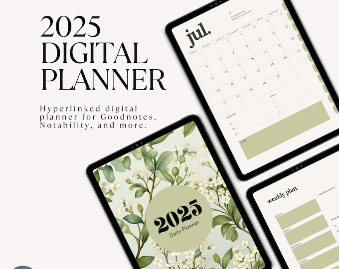 2025 Digital Planner PDF, Portrait Printable Planner, Daily Weekly Monthly Planner, Goodnotes Organizer for iPad, Hyperlinked Life Planner