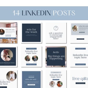 Puede incluir: Un collage de 14 plantillas de publicaciones en redes sociales azules y blancas para LinkedIn. Las plantillas presentan texto como "ganar para la semana", "hacer una pregunta para fomentar la participación aquí?", "hola, están pasando cosas grandes", "lo que ella dijo...", "linkedin live topic here", y "live Q&A".