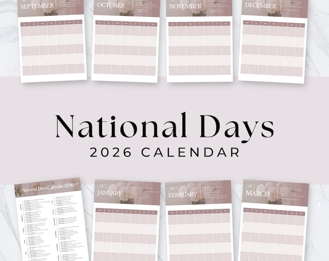 2026 National Days Calendar Printable, Marketing & Content Planner for Entrepreneurs, Holidays, Awareness Days PDF