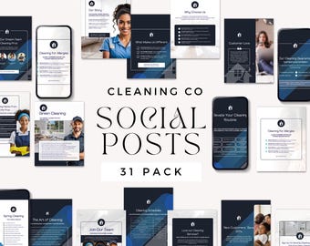 May include: A collection of 31 digital social media templates for a cleaning company, featuring dark blue and white branding, house icons, text headers like Cleaning Co Social Posts, and various layouts displaying service information and staff.