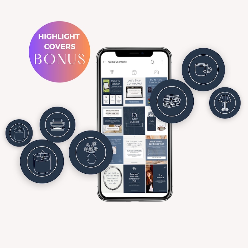 May include: A smartphone displaying a grid of Instagram story highlight covers with various designs, including a book, a candle, a lamp, a typewriter, and a vase of flowers. The highlight covers are in a dark blue color with white outlines. The phone is on a white background.