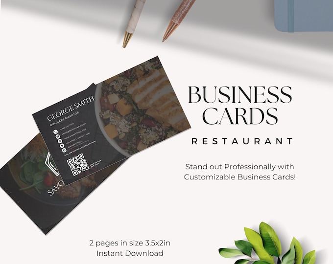 Restaurant Business Card Customizable Template, Double-Sided Digital Card, Printable Food Service Design , Food Industry Marketing, Catering