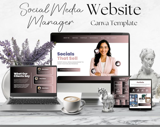 Social Media Manager Canva Website Template, Virtual Assistant Portfolio, Site Design Landing Page, Digital Marketing Web Banners