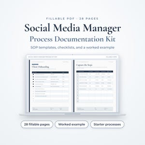 Pode incluir: Um kit de documentação de processos para gestores de redes sociais em PDF preenchível de 28 páginas exibido numa tela de portátil. O documento inclui modelos de SOP, listas de verificação e um exemplo de trabalho detalhado.
