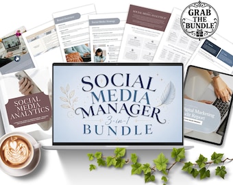 May include: A digital product bundle featuring a laptop screen with the text SOCIAL MEDIA MANAGER 3-in-1 BUNDLE, surrounded by various document pages, a coffee cup with latte art, and a green vine. A circular badge reads GRAB THE BUNDLE.