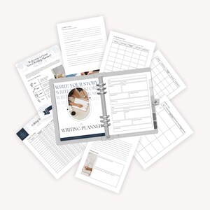 A writing planner open to a page with a circular reflection and several planning pages scattered around it, featuring various writing prompts and trackers, designed for novel writing.