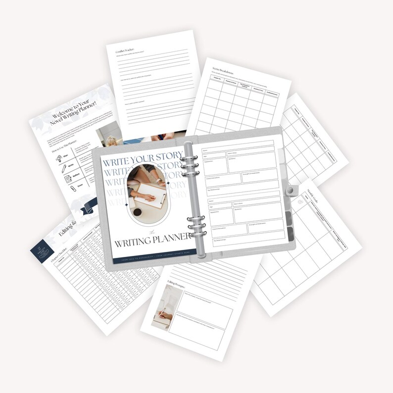 A writing planner open to a page with a circular reflection and several planning pages scattered around it, featuring various writing prompts and trackers, designed for novel writing.
