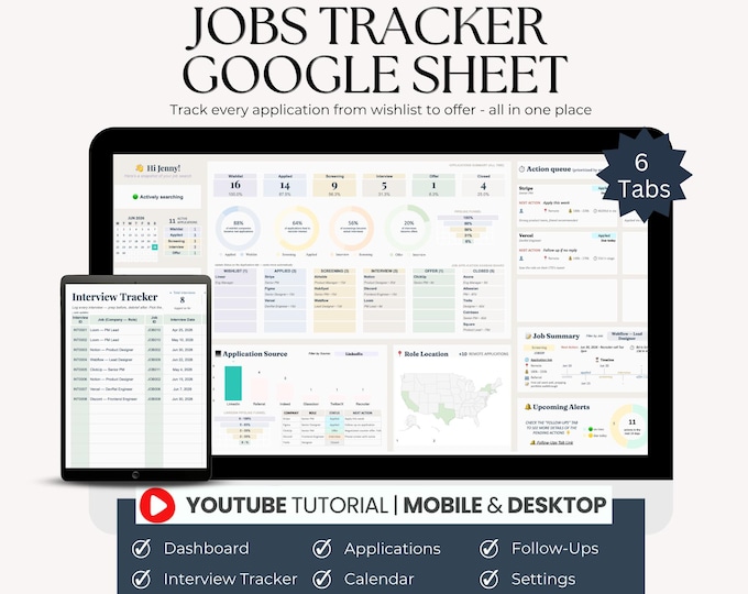 Job Application Tracker, Google Sheets Job Search Template, Interview Planner, Career Dashboard, Kanban Board, Salary Tracker