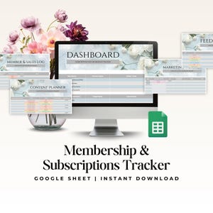 Puede incluir: Un rastreador digital de membresías y suscripciones en un monitor de computadora, con un panel de control, registro de ventas, planificador de contenido y marketing. La interfaz incluye detalles florales y un icono de hoja de cálculo.