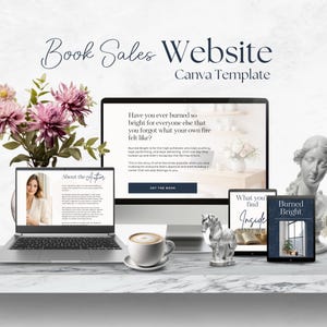 May include: A digital Book Sales Website Canva Template displayed on a computer monitor, a laptop, and a tablet. The screens show text including "Book Sales Website," "About the Author," "What you'll find inside," and "Burned Bright" with a button.