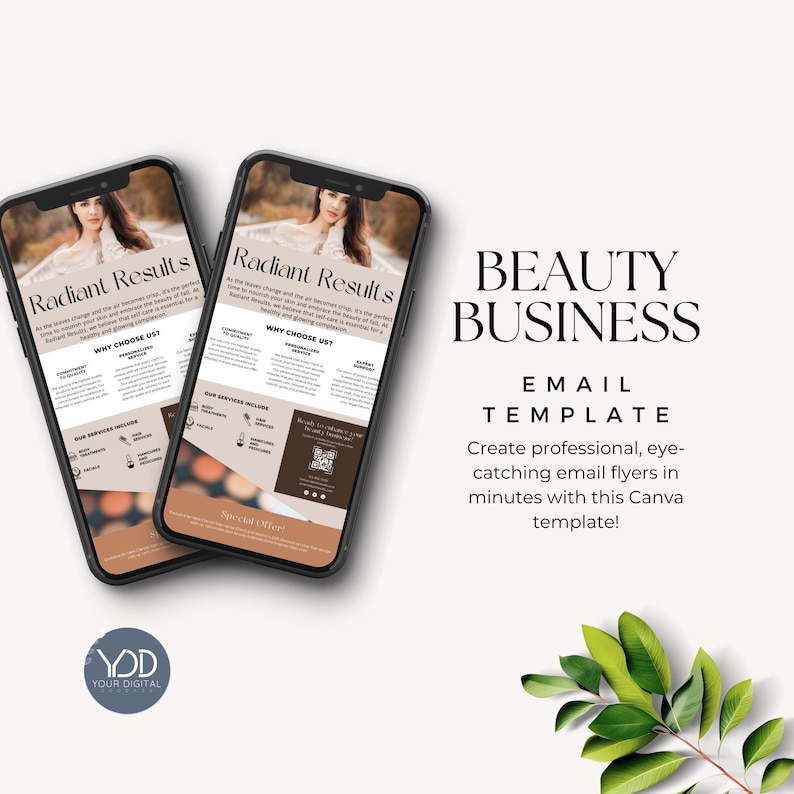May include: A digital marketing template for beauty businesses. The template features a pink and white color scheme with a photo of a woman with glowing skin. The text "Radiant Results" is featured on the template. The template is designed to be used as an email flyer.