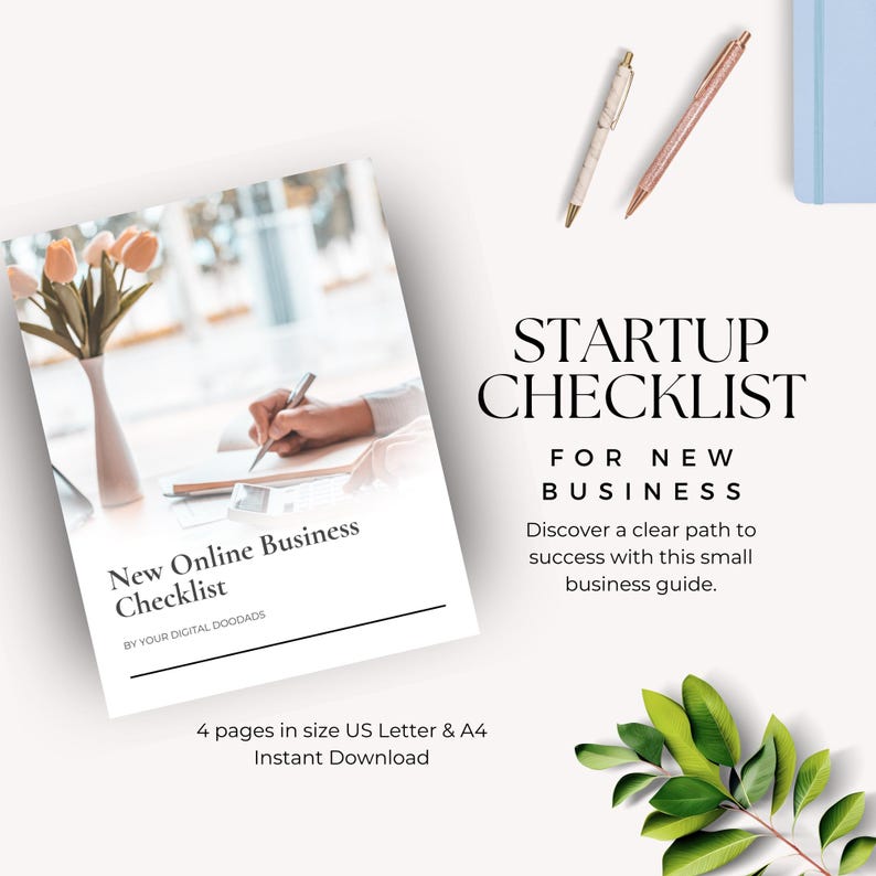 May include: A white and black checklist titled "New Online Business Checklist" by Your Digital Doodads. The checklist is for new businesses and includes a clear path to success. The checklist is available for instant download in US Letter and A4 sizes.