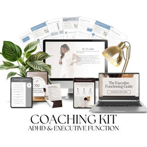 May include: A coaching kit for ADHD and executive function, featuring a laptop, tablet, and computer displaying guides and checklists. The text includes "The Executive Functioning Guide" and "100 Reels for Executive Functioning Coaching". A gold desk lamp and plant are also visible.
