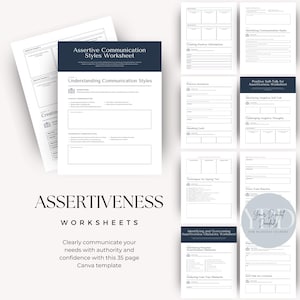 May include: A set of 10 black and white printable worksheets for assertiveness training. The worksheets include titles like "Understanding Communication Styles", "Positive Self-Talk for Assertiveness", and "Identifying and Overcoming Assertiveness Obstacles".