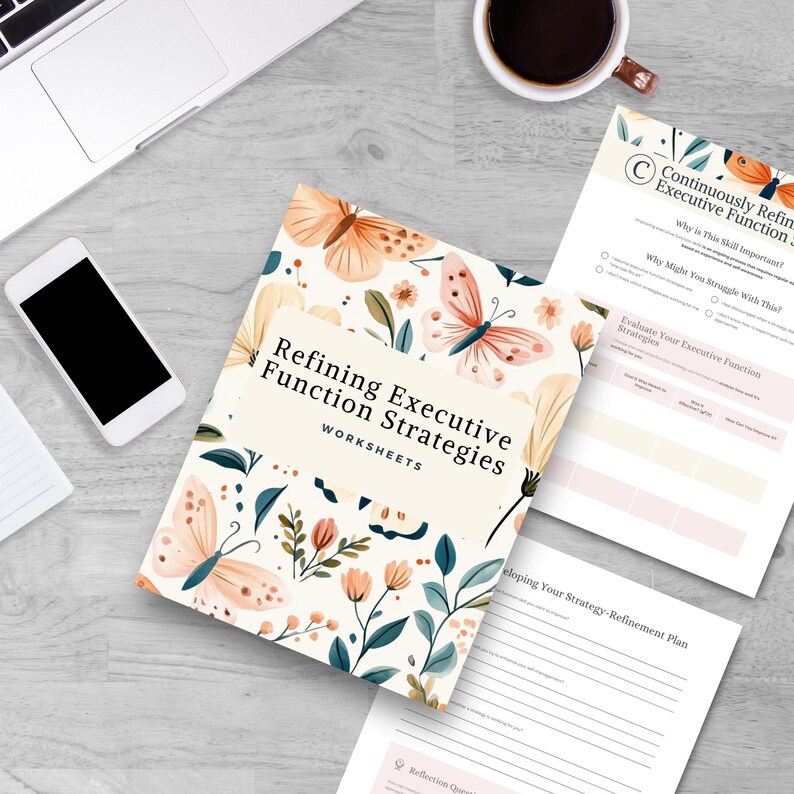 Peut inclure: Un ensemble de feuilles de travail intitul&eacute; Refining Executive Function Strategies avec un panneau central cr&egrave;me et un motif environnant de papillons et d'&eacute;l&eacute;ments botaniques dans des tons p&ecirc;che, orange et vert fonc&eacute; sur fond blanc.