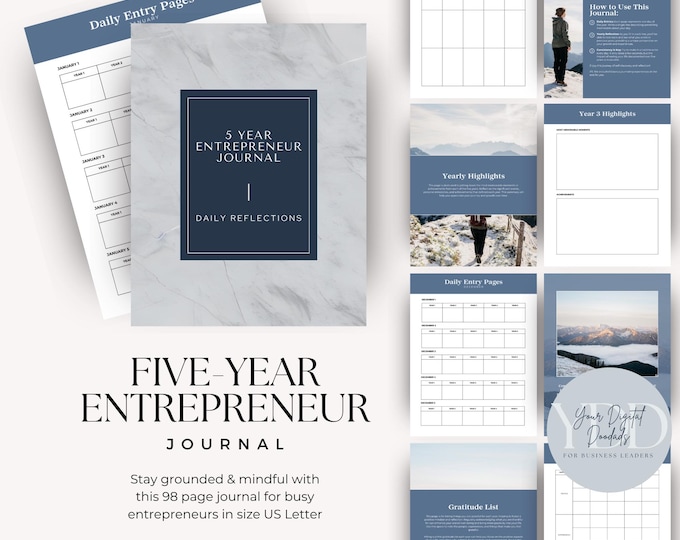 5-Year Entrepreneur Journal, Gratitude Planner, Daily Reflection Goal Setting Tool, Mindfulness Gift for Personal Growth & Productivity
