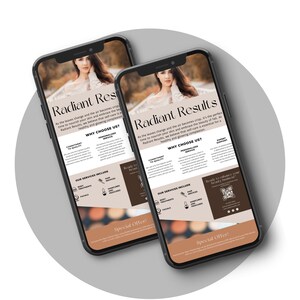 May include: A mobile phone screen displaying a flyer for a beauty salon called "Radiant Results". The flyer features a woman with long brown hair and a white dress. The flyer advertises services such as body treatments, facials, hair services, manicures, and pedicures. The flyer also includes a QR code and the text "Special Offer!"
