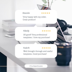 May include: Image of a laptop with customer reviews in speech bubbles. Reviews include "Very happy with my order. Great product!" and "All good! Very professional templates. I love my purchase!"