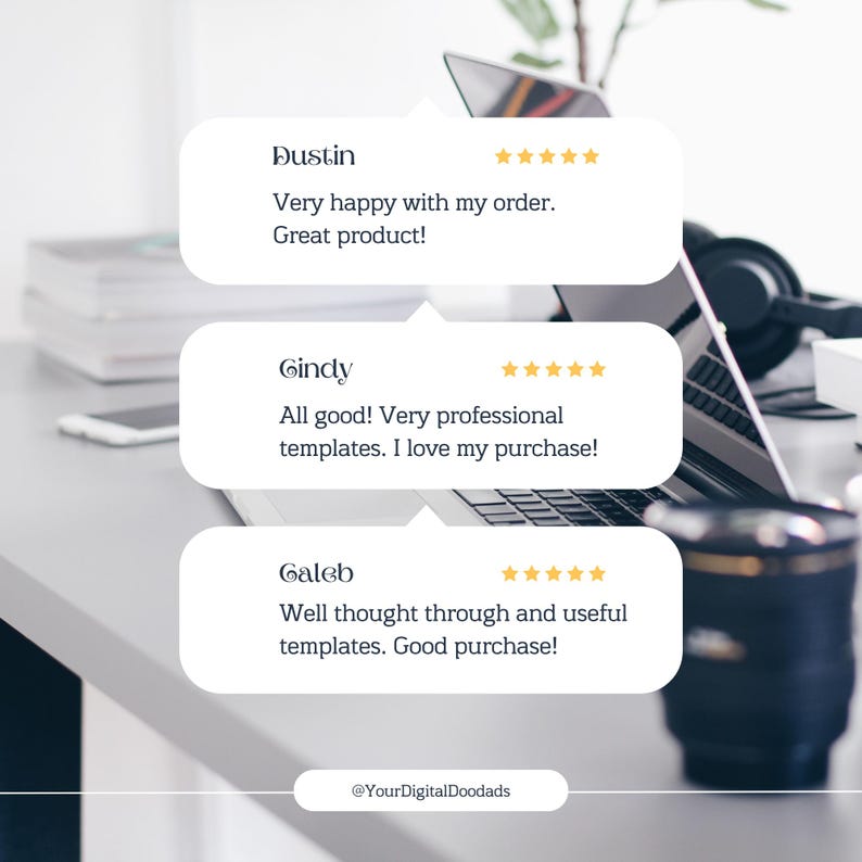 May include: Image of a laptop with customer reviews in speech bubbles. Reviews include "Very happy with my order. Great product!" and "All good! Very professional templates. I love my purchase!"