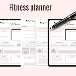 May include: Digital fitness planner with a black pen. The planner features sections for daily goals, meals, exercise, and notes. The title "Fitness planner" is displayed in a stylish font. The background is a soft pink.