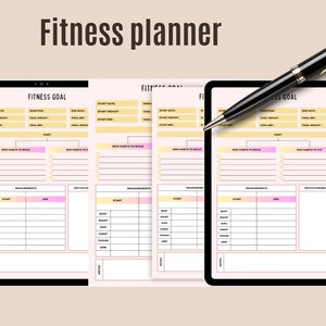 May include: A fitness planner with the title "Fitness planner" at the top. The planner includes sections for goals, habits, and measurements. A black pen rests on the planner. The planner is displayed on a tablet.