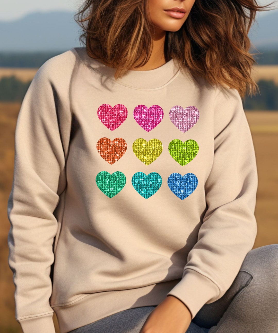 Valentine’s Day Sequin Heart Round Neck Short Sleeve T-Shirt main image 1