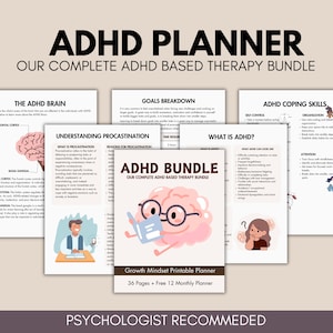 May include: A pink brain cartoon character wearing glasses holds a book. The text on the page reads "ADHD Bundle: Our Complete ADHD Based Therapy Bundle". The image is part of a printable planner for people with ADHD.