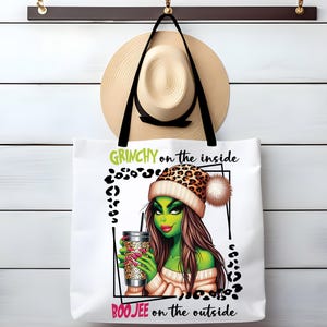 Sac fourre-tout Grinch de Noël - Grinchy à l&#39;intérieur Boojee à l&#39;extérieur - Cadeau unisexe, fourre-tout vert, sac de vacances, citation drôle, festif